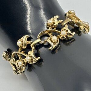 Vintage Bracelet Gold Tone Figural Vines and Leaves Faux Pearls Centers Unsigned